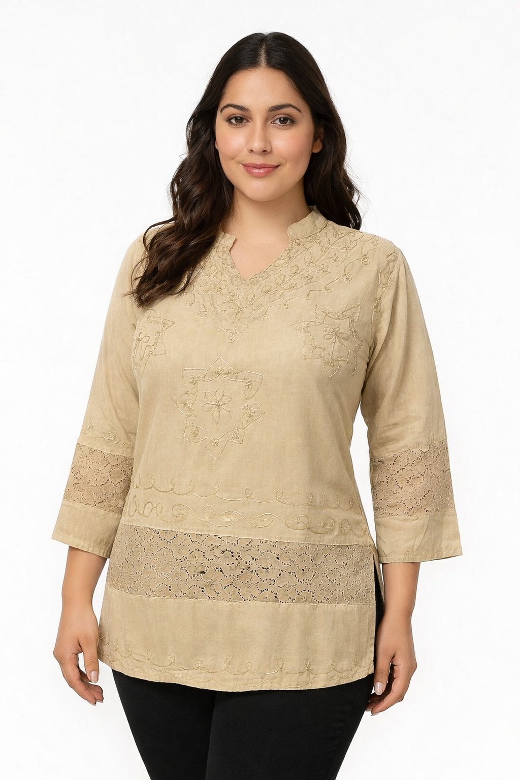 Blusa Beige con Bordado Y Encaje | Unitalla