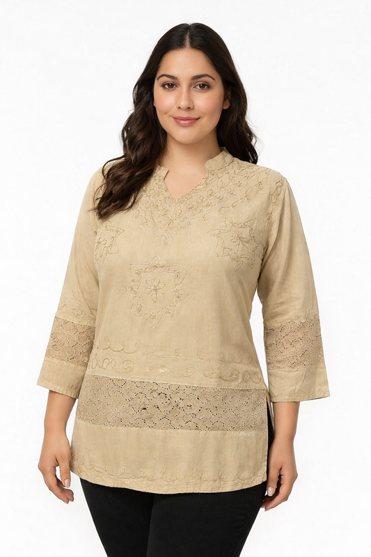 Beige Blouse with Embroidery and Lace | One Size