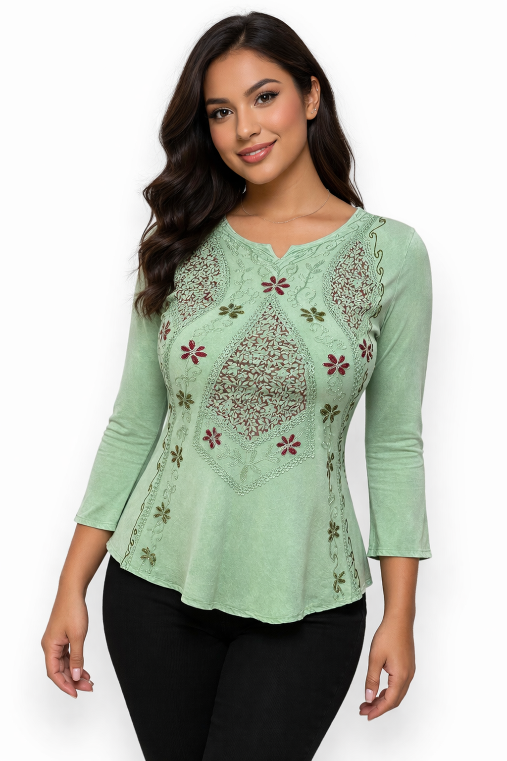 Elegant Floral Embroidered Green Blouse | One Size