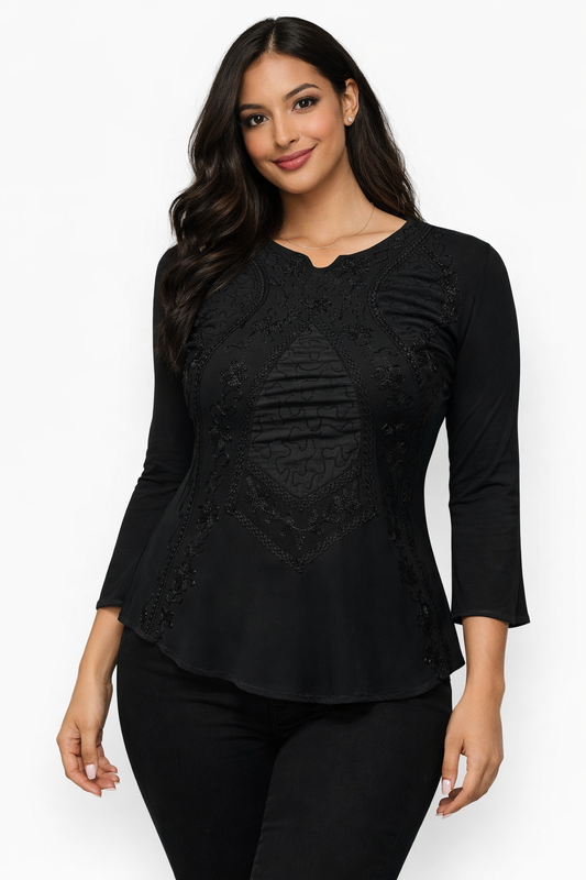 Elegant Black Floral Embroidered Blouse | One Size