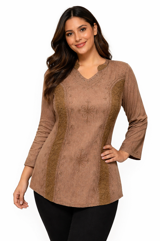 Elegant Embroidered Terracotta Blouse | One Size