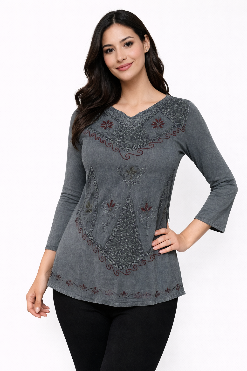 Gray Blouse with Decorative Embroidery | One Size