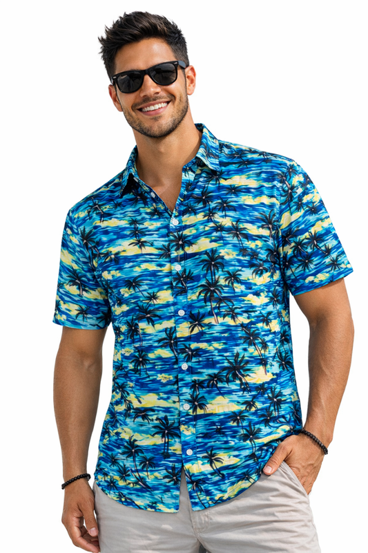 Sky Blue Hawaiian Shirt with Palm Trees