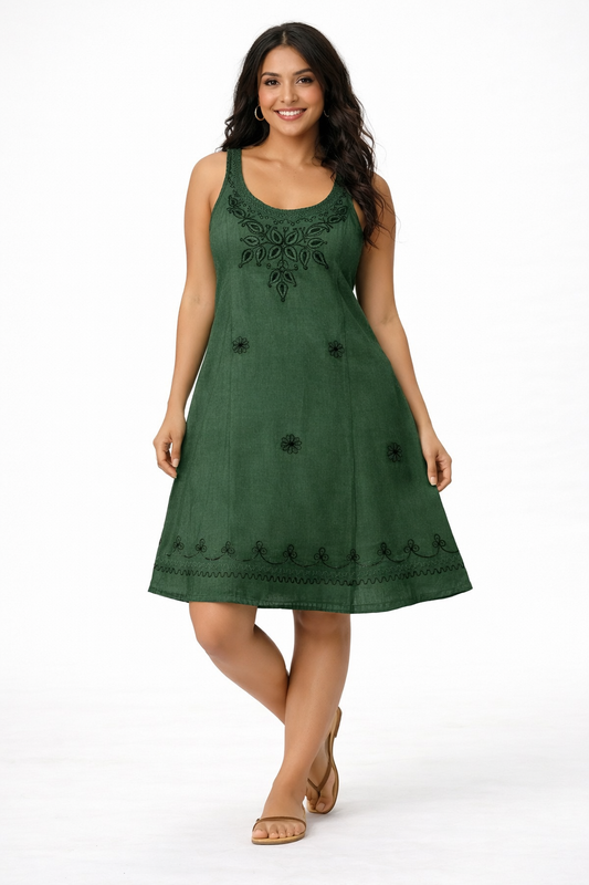 One Size Embroidered Floral Green Dress