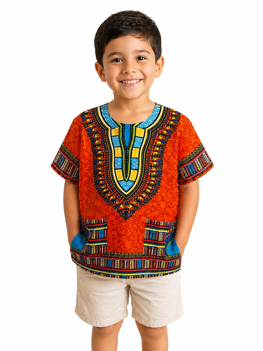 Camisa de Niño con Estampado Afrocaribeño Anaranjada