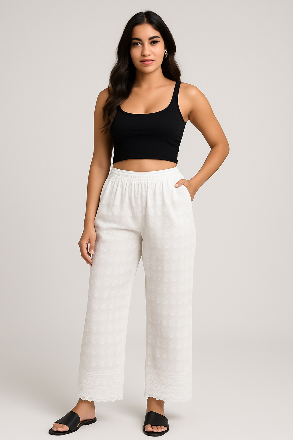 Pantalón de Dama Blanco Palazzo Bordado