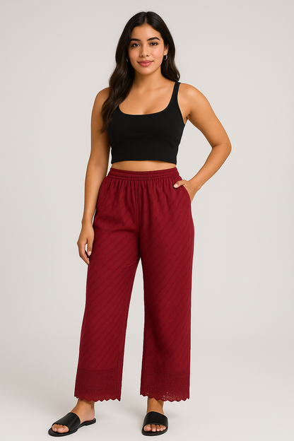 Pantalón de Dama Vino Bordado Palazzo con Encaje