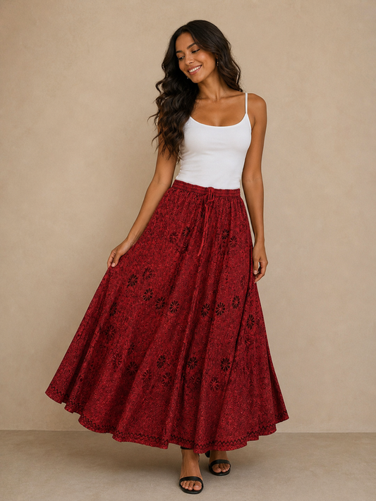 Falda Meera Roja Bordado Bohemio