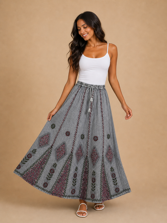 Falda Meera Gris Bordado Bohemio
