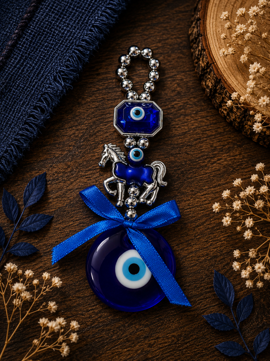 Amuleto Caballo Ojo Turco Azul y Plateado