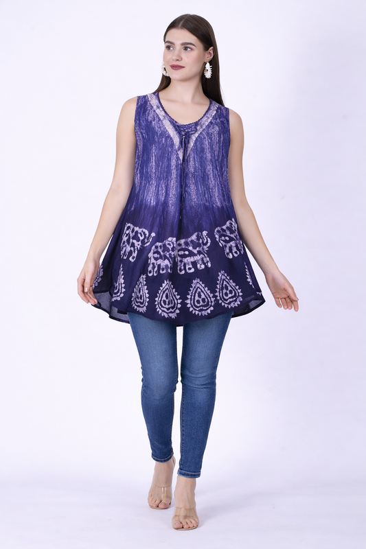 Blue Sleeveless Printed Blouse | One Size