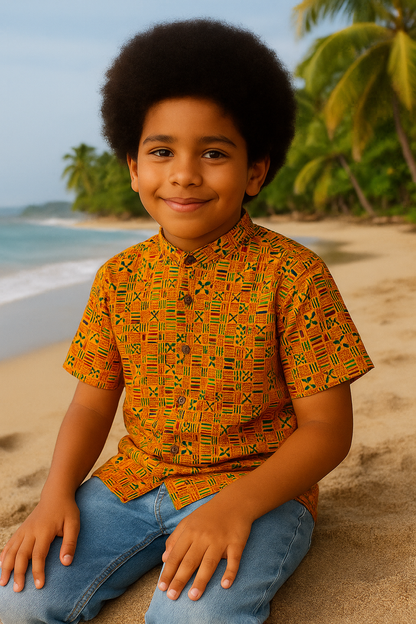 Camisa de Niño Estampado Afrocaribeño Cuello Chino de botones. HSB405PRD