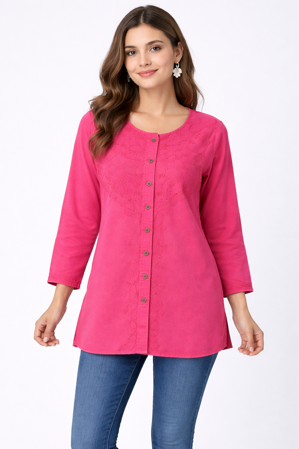 Fuchsia Blouse with Sleeves and Embroidered Details