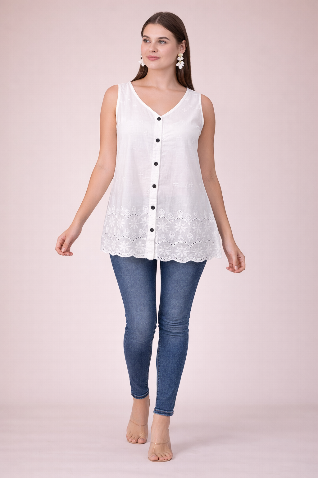 White Blouse with Embroidered Details, Sleeveless
