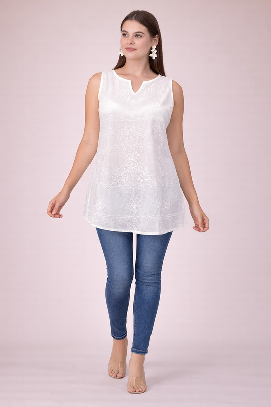 White Sleeveless Blouse with Embroidered Details