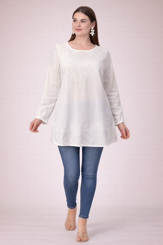 White Long-Sleeved Blouse with Embroidered Details