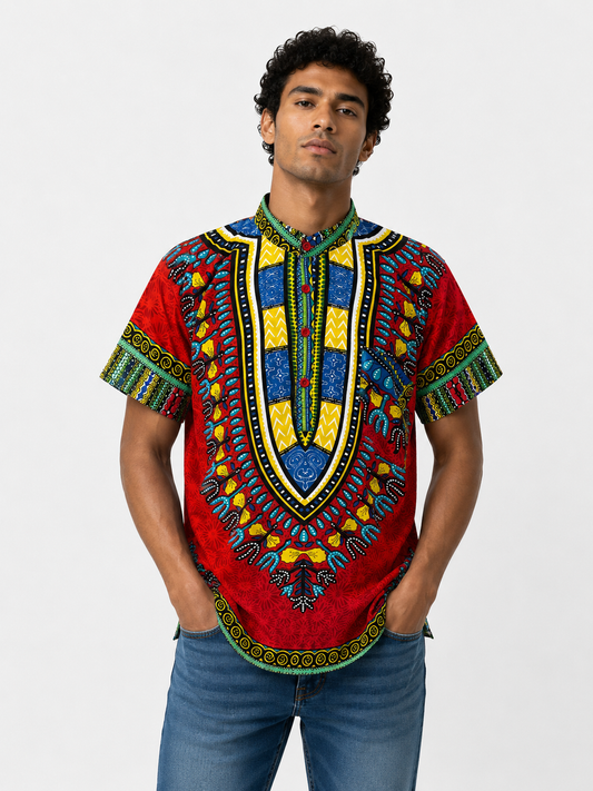 Men's Red Afro-Caribbean Print Button-Down Shirt
