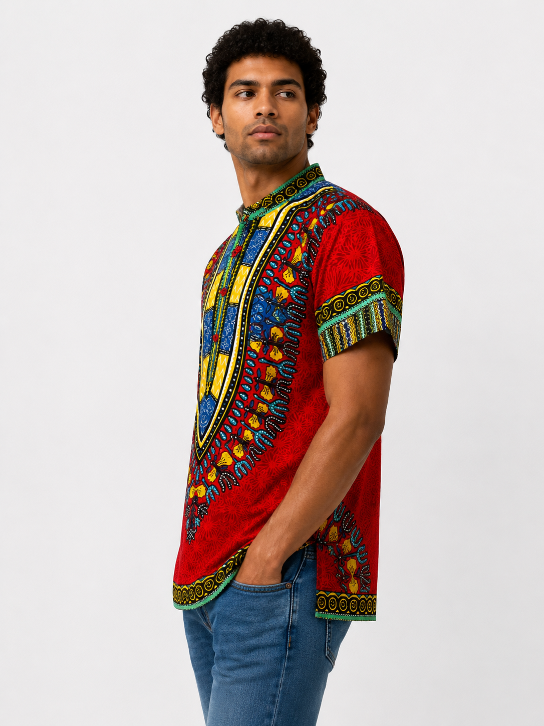 Camisa de Hombre de Botones con Estampado Afrocaribeño Rojo