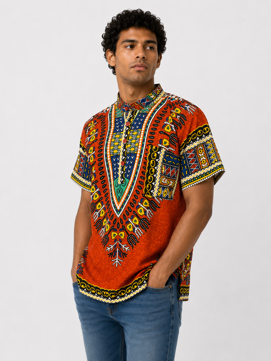 Men's Orange Afro-Caribbean Print Button-Up Shirt