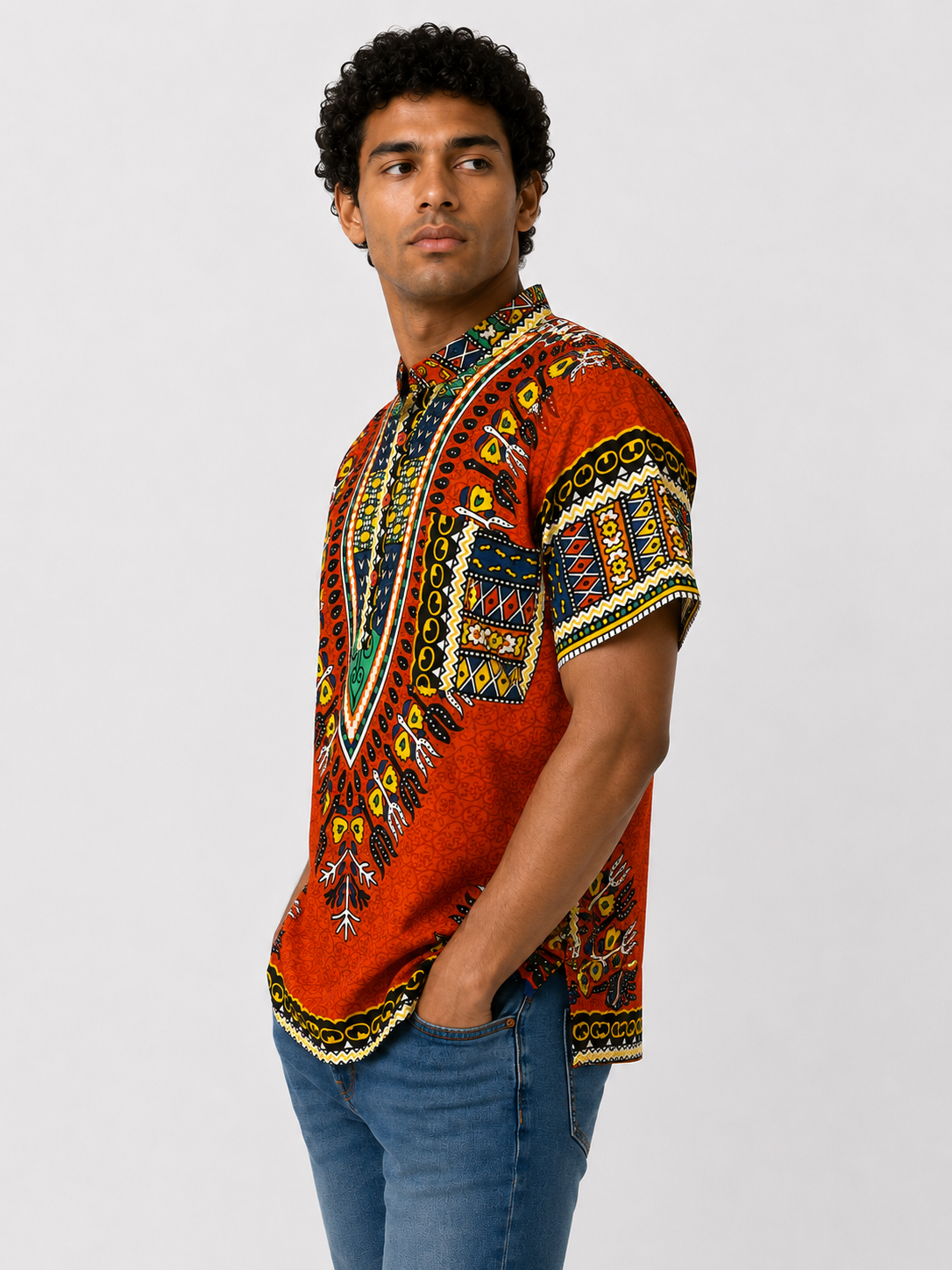 Men's Orange Afro-Caribbean Print Button-Up Shirt