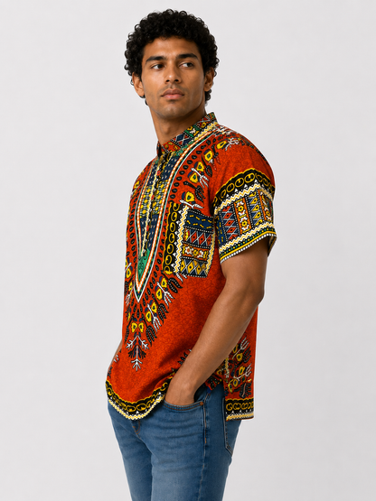 Men's Orange Afro-Caribbean Print Button-Up Shirt