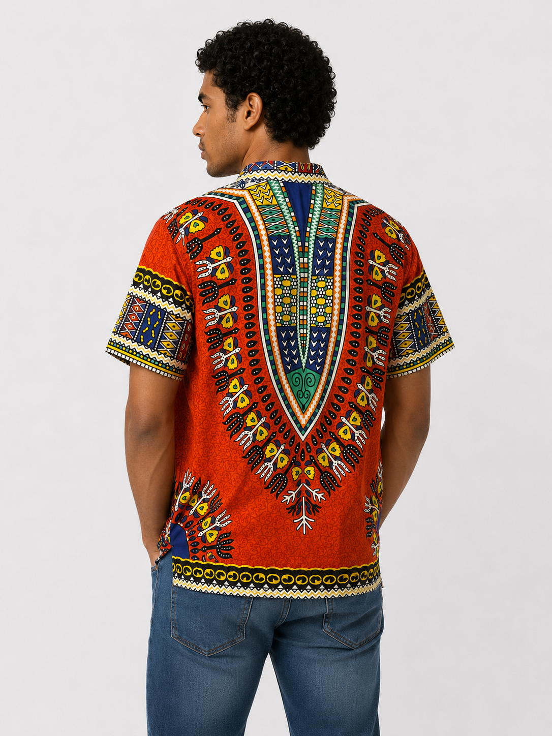 Men's Orange Afro-Caribbean Print Button-Up Shirt