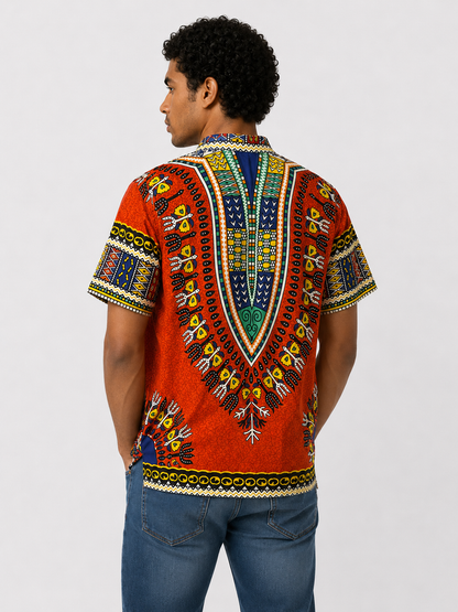 Men's Orange Afro-Caribbean Print Button-Up Shirt