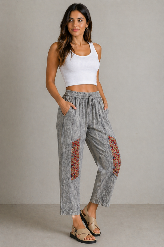 Gray Pants with Embroidery and Relaxed Style