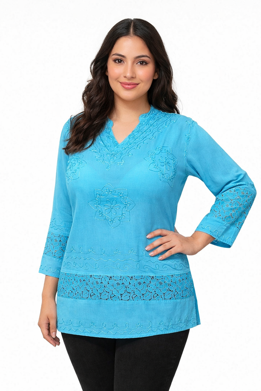 Turquoise Blouse with Embroidery and Lace | One Size