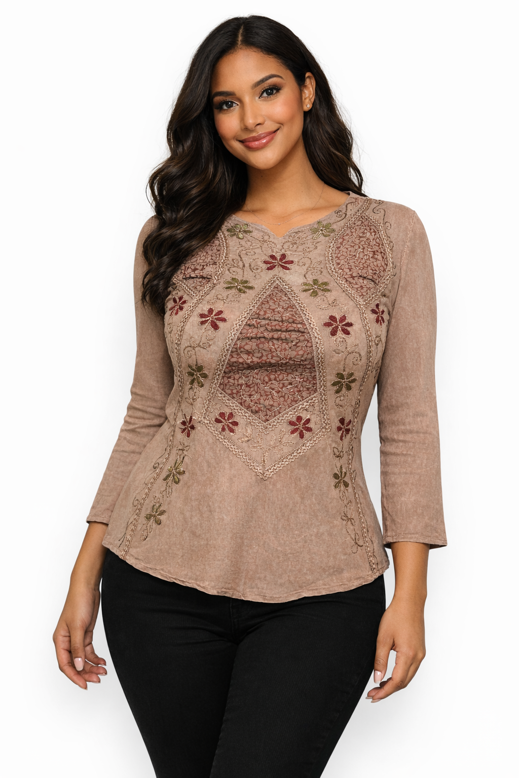 Blusa Café Bordado Floral Elegante | Unitalla