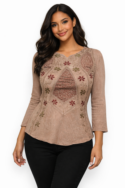 Elegant Terracotta Blouse with Floral Embroidery | One Size
