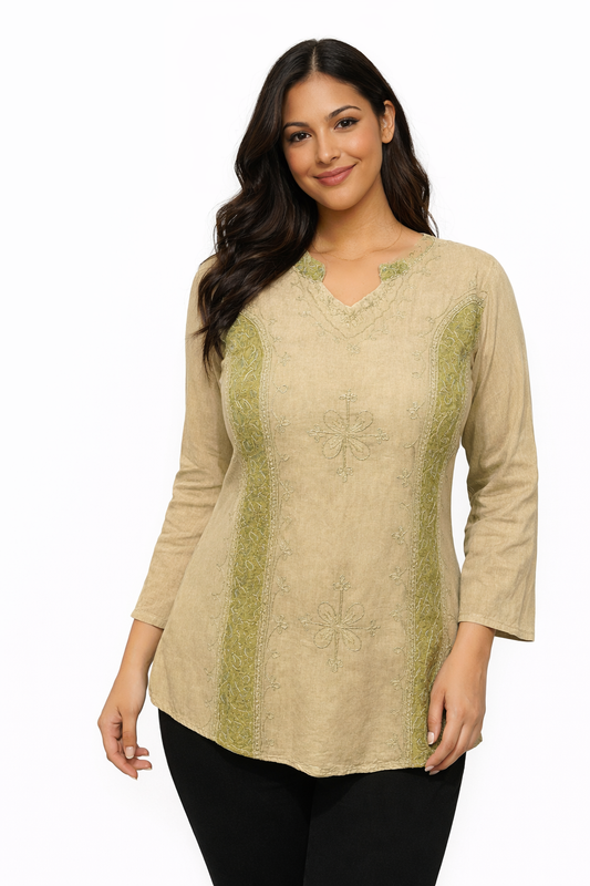 Elegant Embroidered Khaki Blouse | One Size