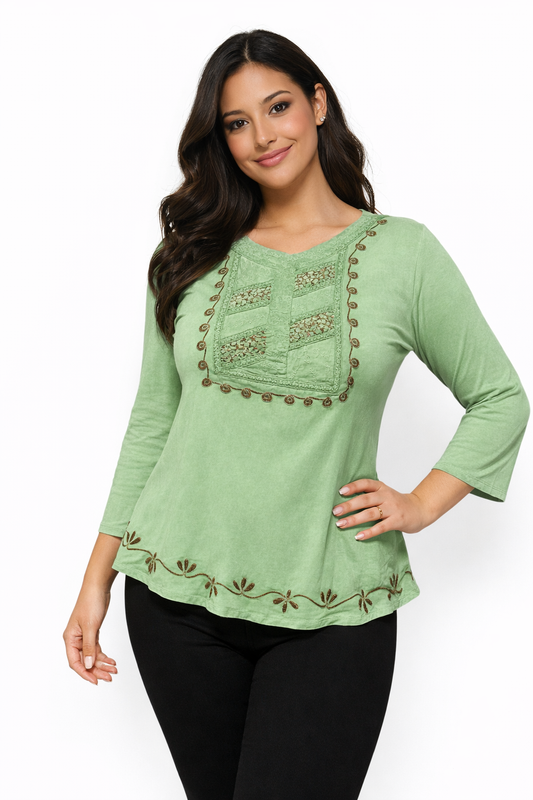 Delicate Embroidered Green Blouse | One Size