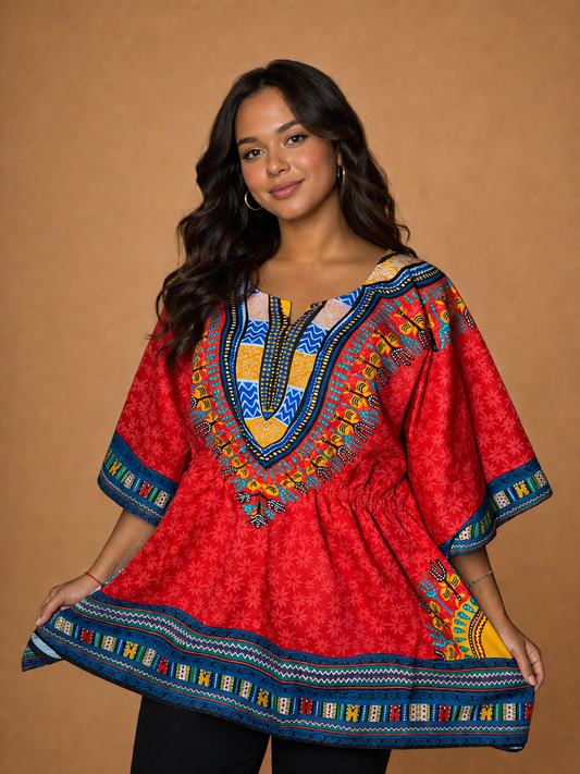 Red Afro-Caribbean Print Women's Blouse