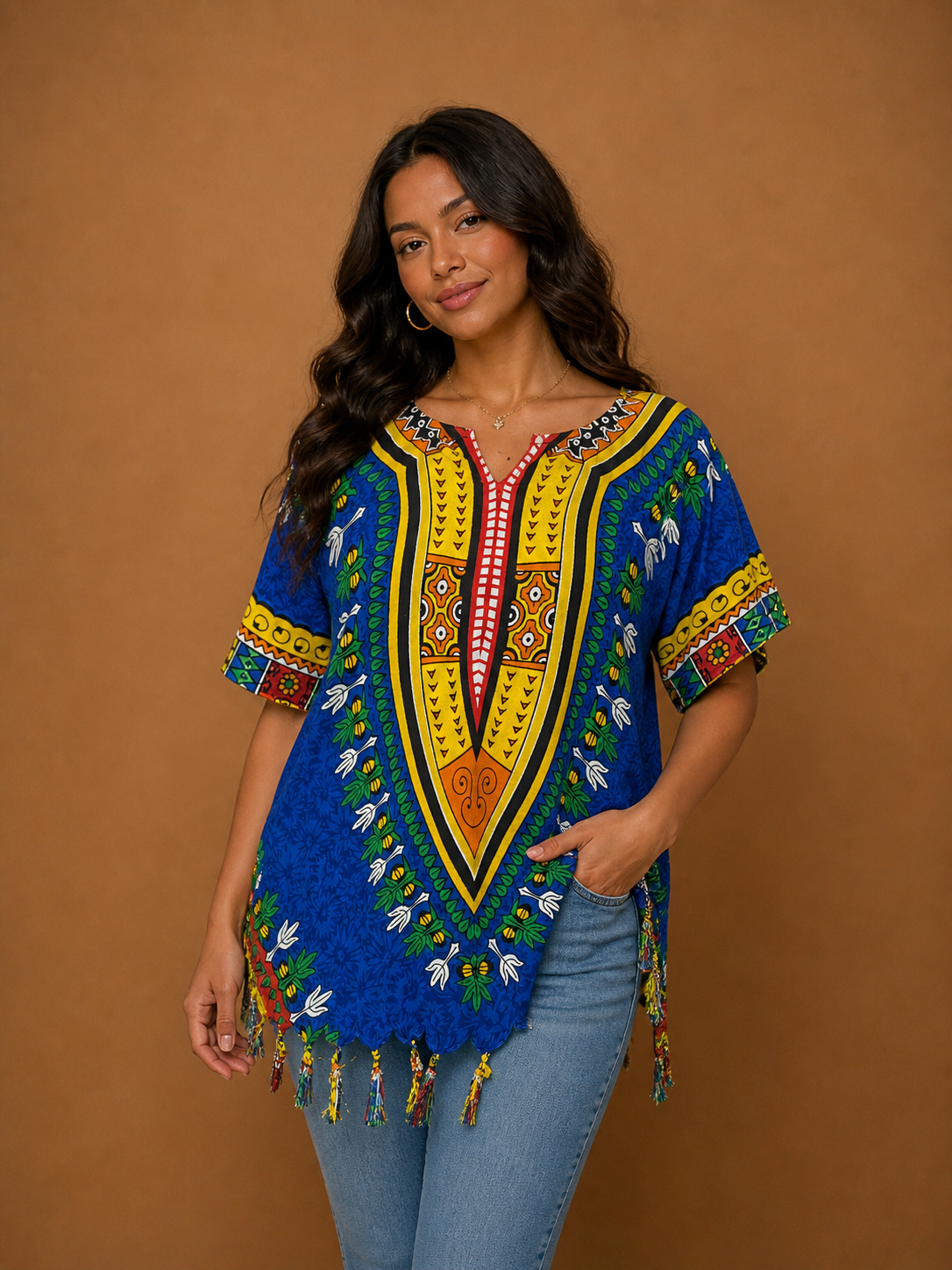 Women's Afro-Caribbean Blue Blouse with Fringes