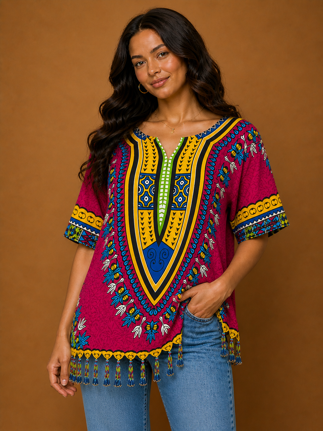 Fuchsia Afro-Caribbean Women's Blouse with Fringe