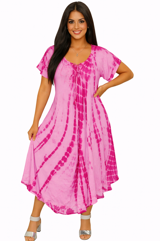 Pink Tie-Dye Dress with Sleeves | One Size