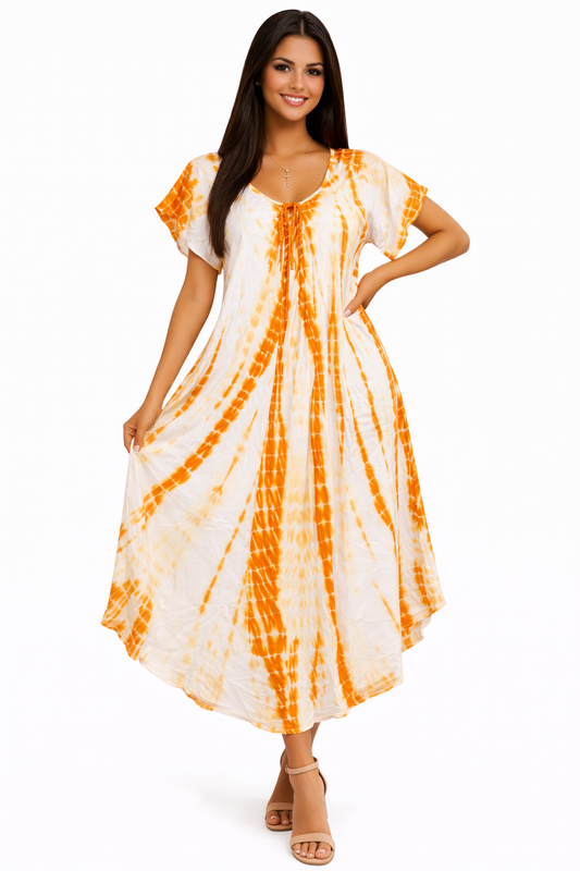 Yellow and Orange Tie-Dye Dress with Sleeves | One Size