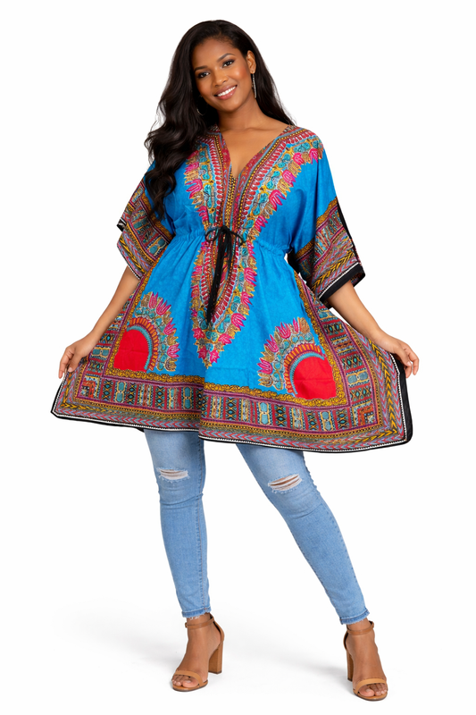 Blusa Kaftán Azul Estilo Africano Multicolor