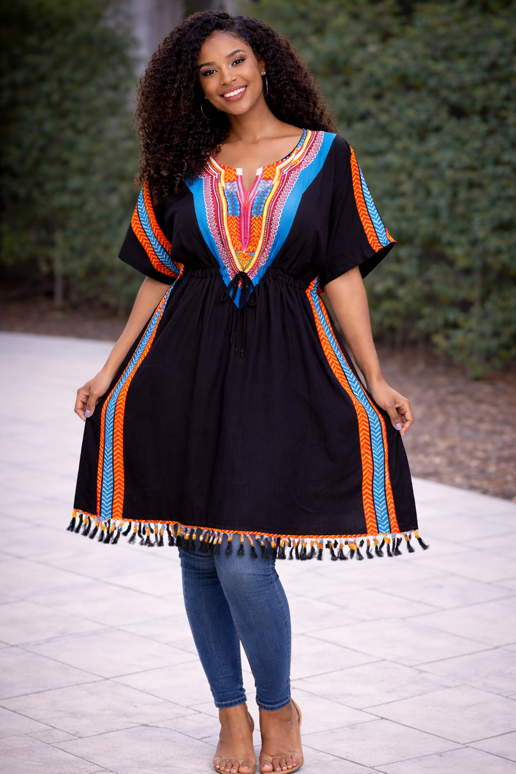 Blusa Kaftán Africana Negra Con Celeste