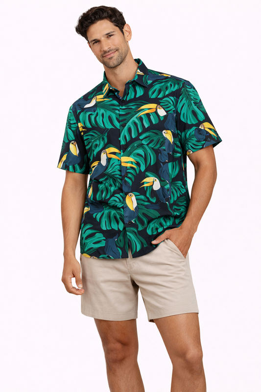 Camisa Hawaiana Playera Caribeña de Caballero Estampado Tucan Grande Selva Negra