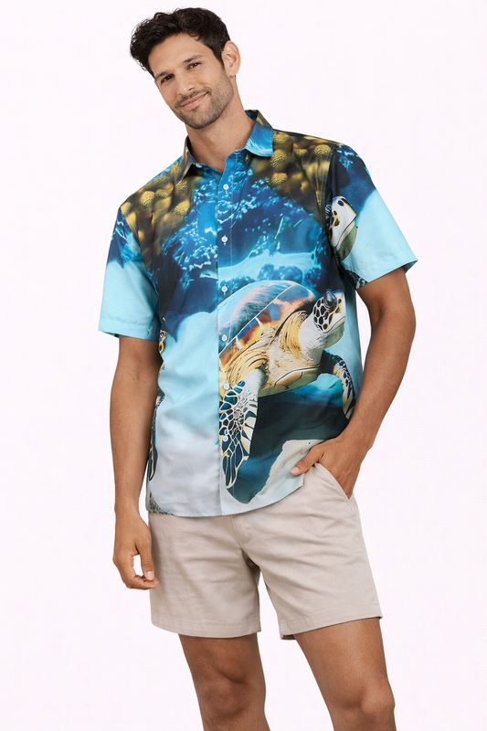 Camisa Hawaiana Playera Caribeña de Caballero Estampado Tortugas Grandes