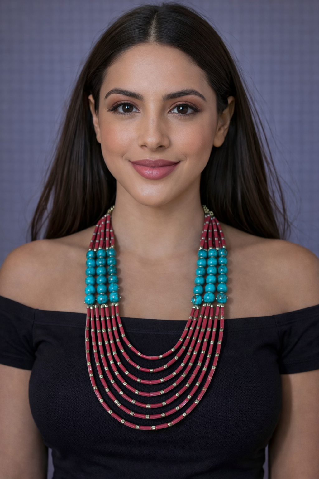 Collar Multihilos Turquesa y Rojo