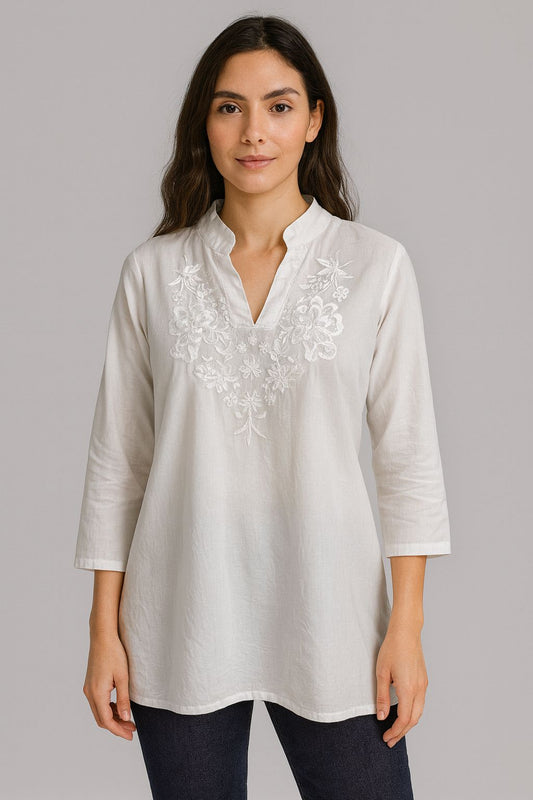Blusa Blanca Bordada Mangas 3/4