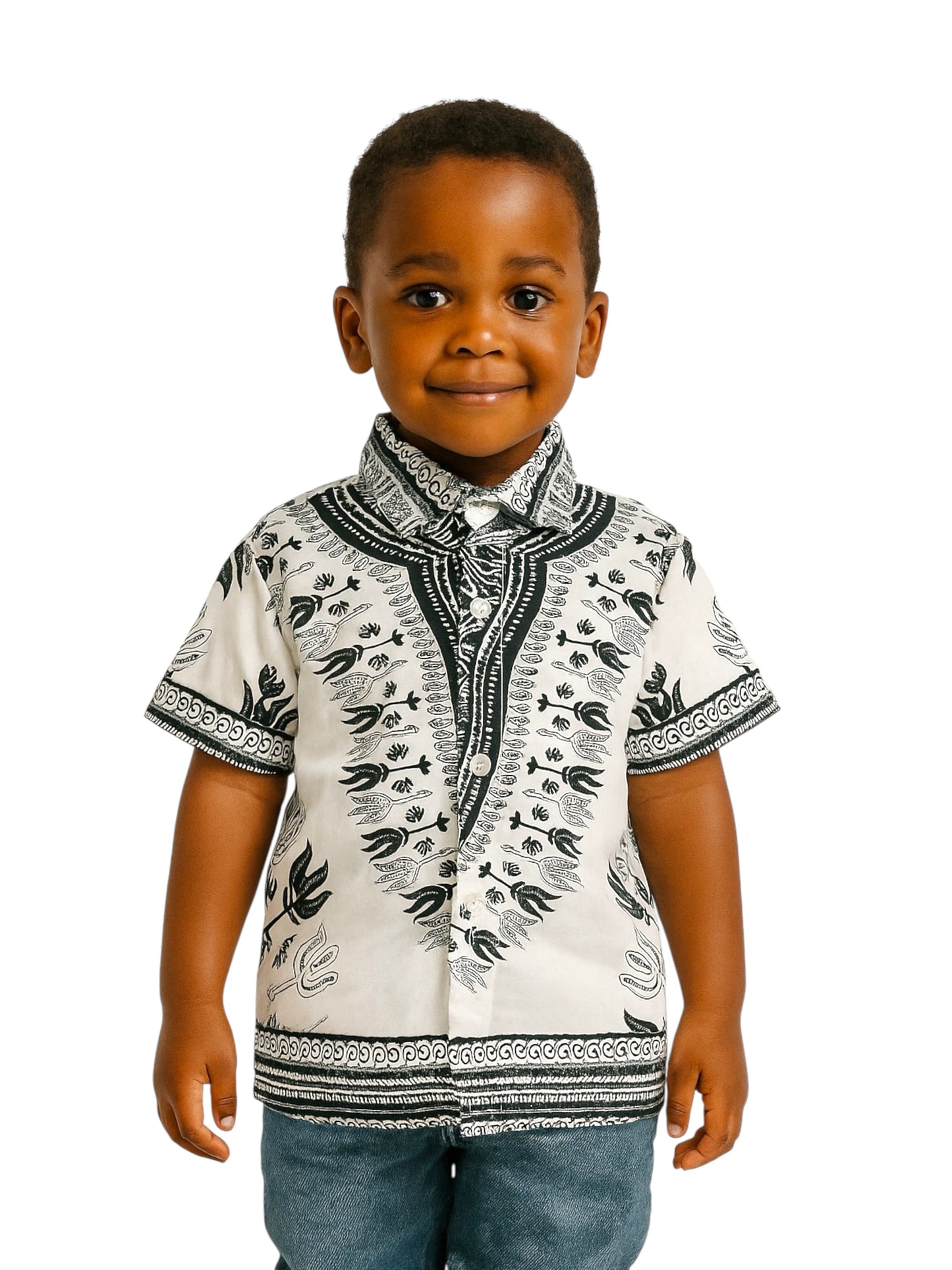 Camisa de Niño de Botones con Estampado Afrocaribeño Blanco