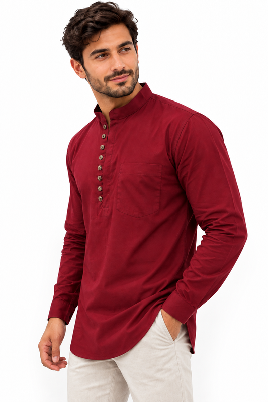 Camisa Vino Hombre Mangas Largas Cuello Chino