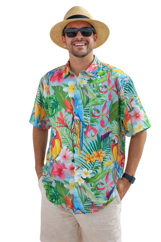 Camisa Hawaiana Playera Caribeña de Caballero Estampado Lapas Fondo Selva