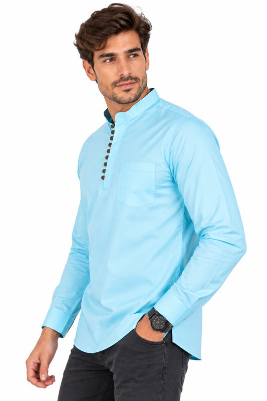 Camisa Azul Hombre Mangas Largas Cuello Chino