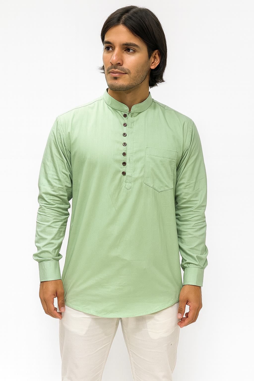Camisa Verde Claro de Hombre Mangas Largas Cuello Chino