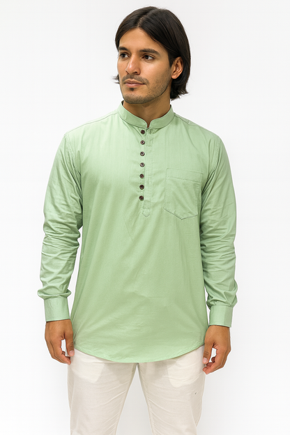 Camisa Verde Claro de Hombre Mangas Largas Cuello Chino